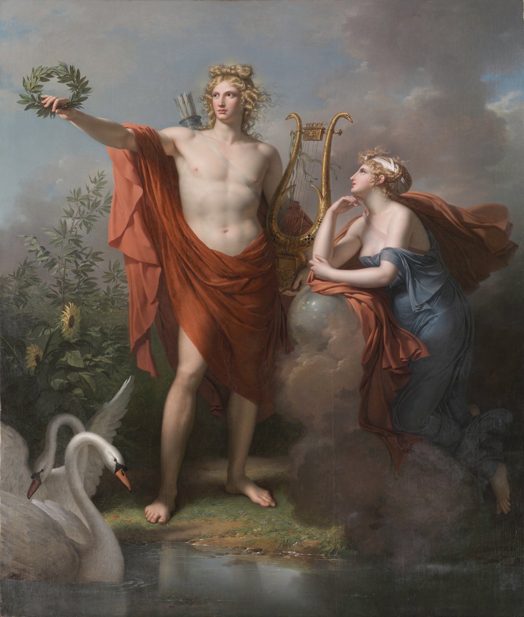 Apollo, gud for lys, veltalenhed, poesi og kunst med Urania, Astronomimuse af Charles Meynier