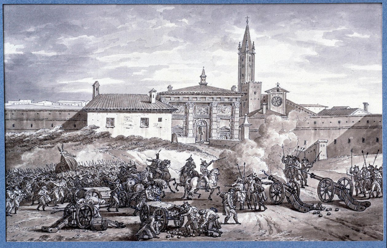 Italiens kampagner: "" Napoleon Bonaparte (1769-1821) og marechal Augereau satte en dør til Verona i Italien med en kanon i 1796""" Tegning i pennen tilskrevet Charles Meynier (1768-1832). Svag. 0,25x0,4 m. Paris, Louvre-museet af Charles Meynier