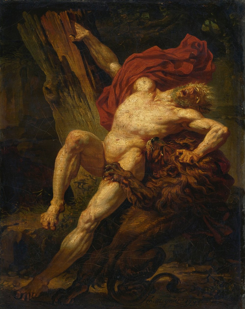Milo af Croton angrebet af en løve af Charles Meynier