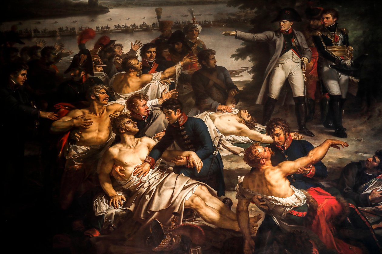 Napoleon besøger de sårede soldater på Lobau-øen af Charles Meynier