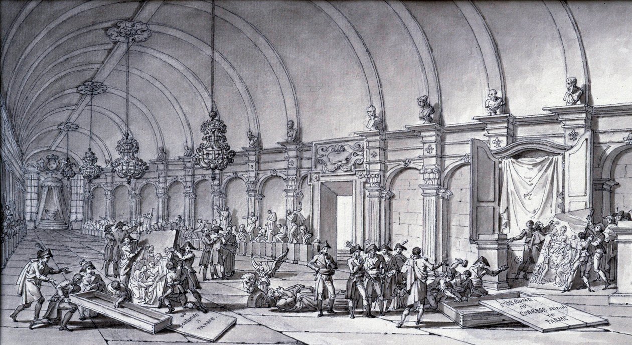 Plyndring af kunstværker under Napoleon Bonaparte: "Madonnaen af Correge (Antonio Correggio) blev taget fra akademiet i Parma og overdraget til de franske kuratorer i maj 1796". Tegning med kinesisk blæk af Charles Meynier (1768-1832). Svag. 0,17x0,32 m af Charles Meynier
