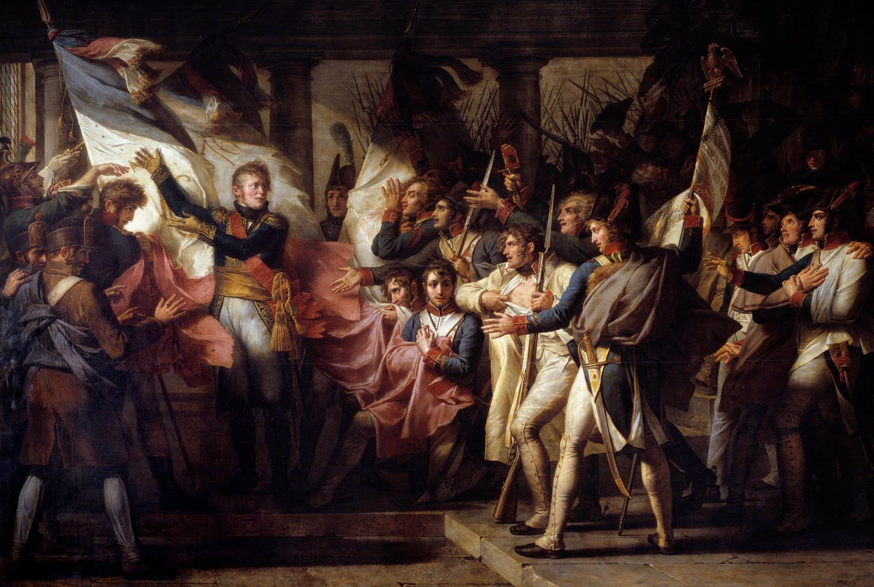 Marechal Michel Ney (1769-1815) overdrog til soldaterne fra det 76. linieregiment, deres flag fundet den 7/11/1805 Episode efter slaget ved Elchingen mellem Napoleonshæren og Østrig. Maleri af Charles Meynier (1768-1832) 1808 søn. 3 af Charles Meynier
