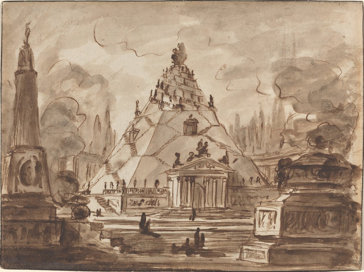 Arkitektonisk fantasi med et pyramideformet mausoleum af Charles Michel Ange Challe