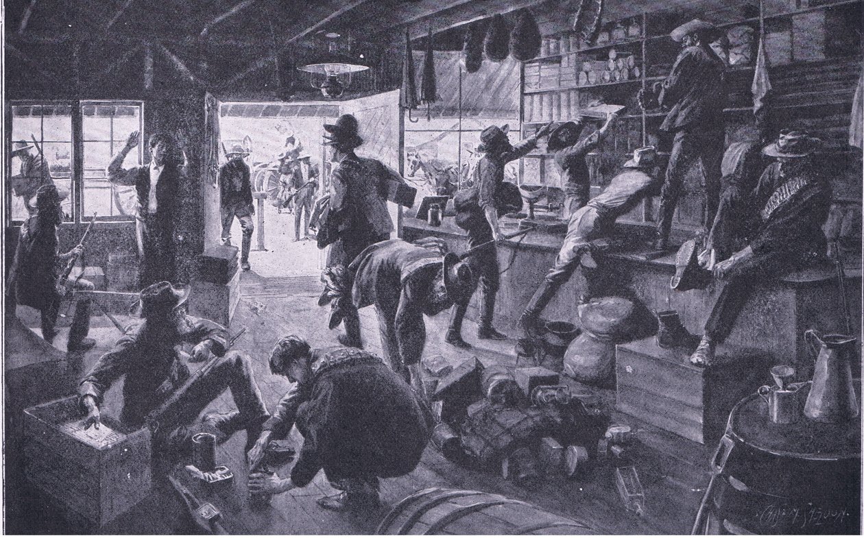 Boere plyndrer en butik i Grange River-ejendommen, illustration fra After Pretoria: The Guerilla War, 1902 af Charles Mills Sheldon