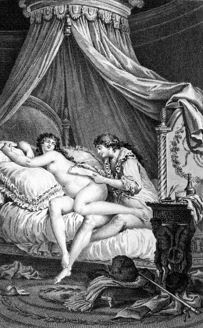 Illustration til “” Les Liaisons Dangereuses ”” af Choderlos de Laclos. Gravering af Charles Monnet (1732 - 1808): Valmont skriver et brev på bagsiden af Emilie (en kurtisan). af Charles Monnet