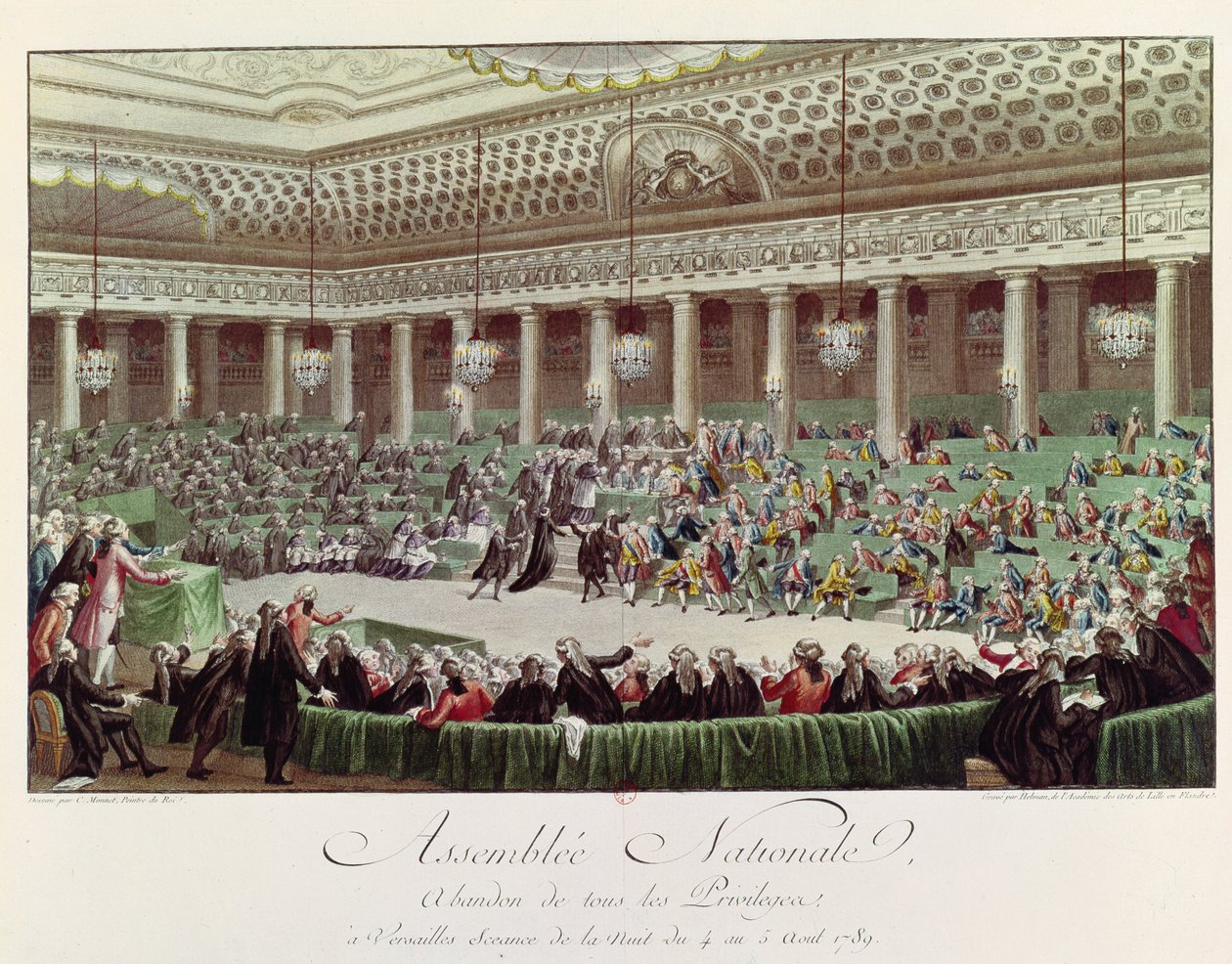 Nationalforsamlingen giver afkald på alle privilegier, 4. august 1789, indgraveret af Helman (1743-1809) (farvestik) (se 104584) af Charles Monnet