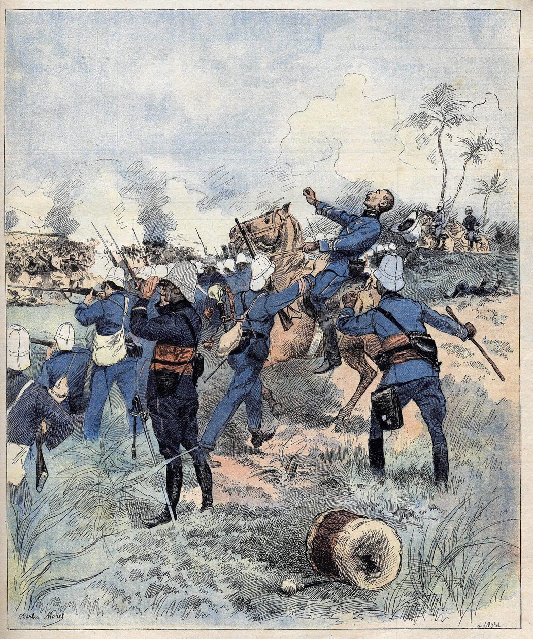 Kommandør Faurax døde i slaget ved Dogba den 19. september 1892 i Dahomey (nu Benin) efter aquerellen de Morel i 1892. af Charles Morel
