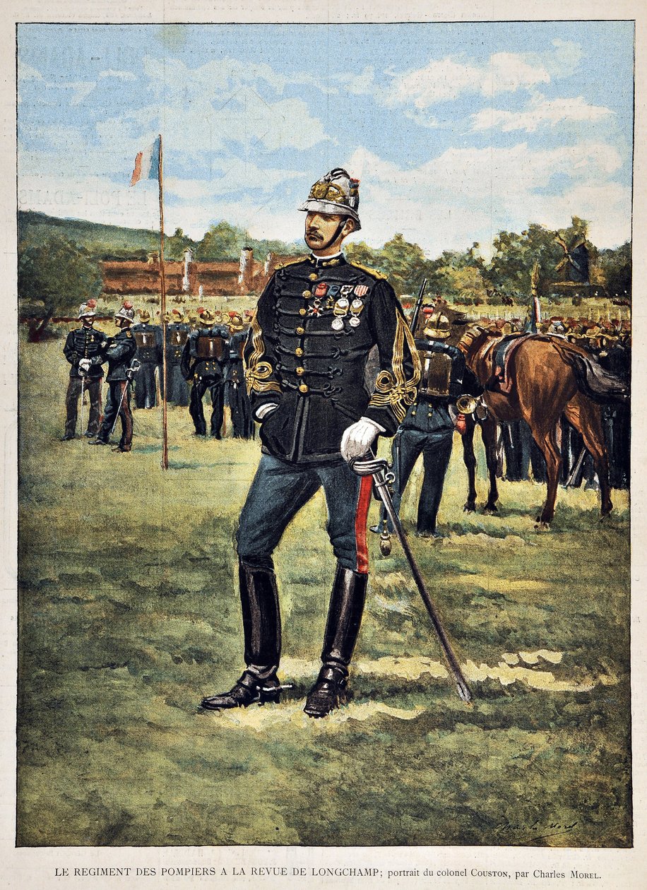 Brandregimentet har Longchamps-magasinet (Portræt af oberst Couston), illustration af Charles Morel (1861-1908). Indgravering fra 1887 i "" Paris-Illustrous journal weekly"". af Charles Morel