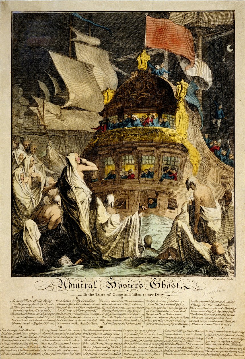 Admiral Hosiers spøgelse, billedet viser et skib omgivet af spøgelser i ligklæder med en havns befæstninger. af Charles Mosley