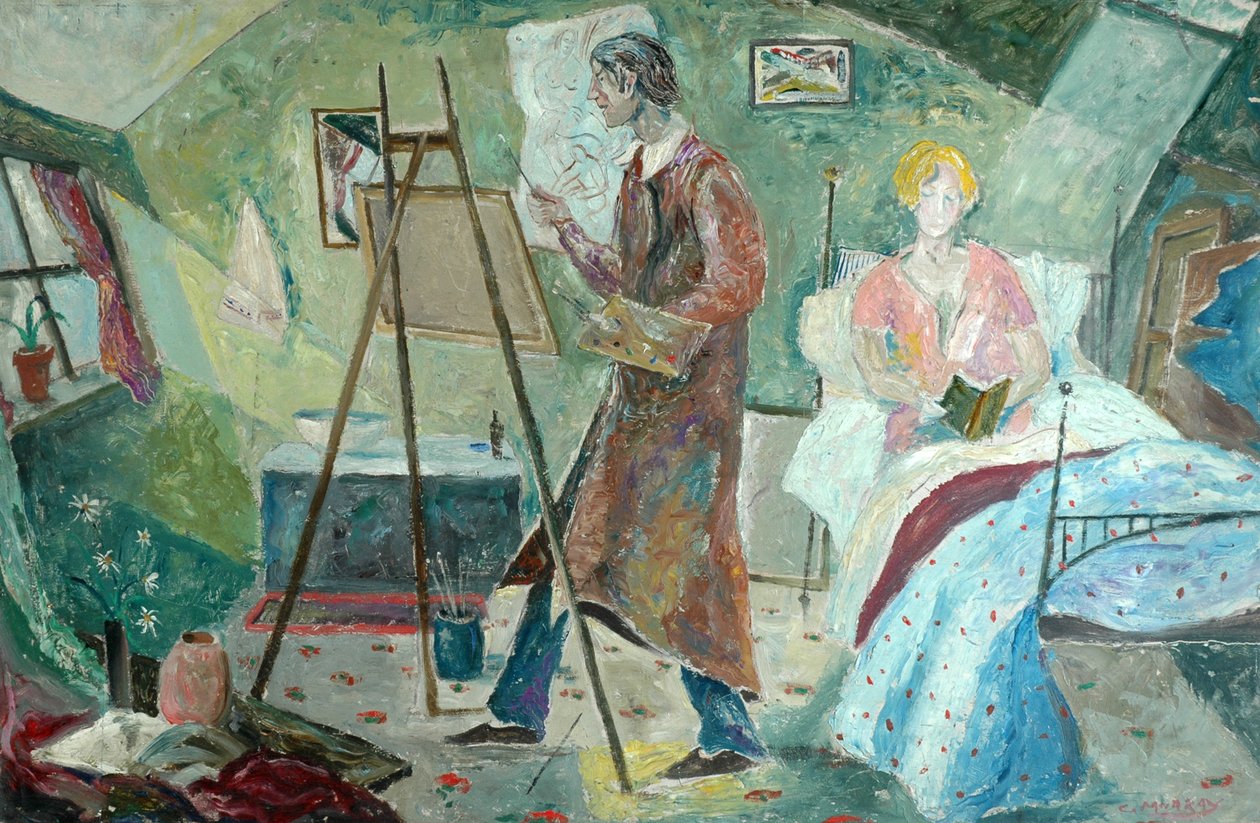 Selvportræt, kunstneren i sit atelier (olie på hård plade) af Charles Murray