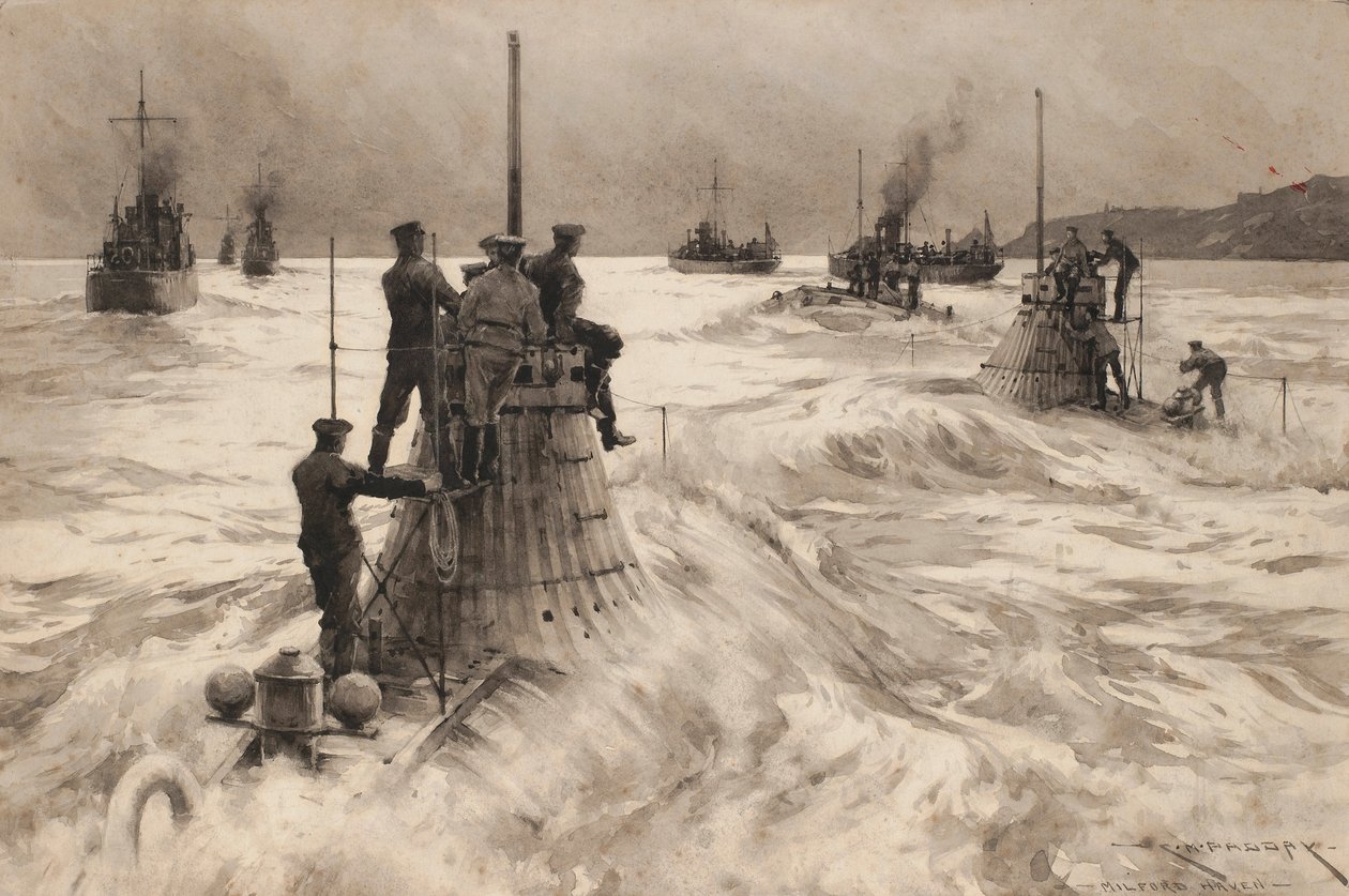 Nye britiske ubåde forlader Milford Haven (England) for at gå i aktion. Tegning og lavering (30,4x45,5 cm) af Charles M. Padday () , begyndelsen af det 20. århundrede. af Charles Murray Padday