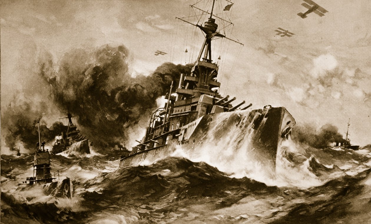 Den britiske Battle Squadron i fuld fart på det smalle hav (litografi) af Charles Murray Padday