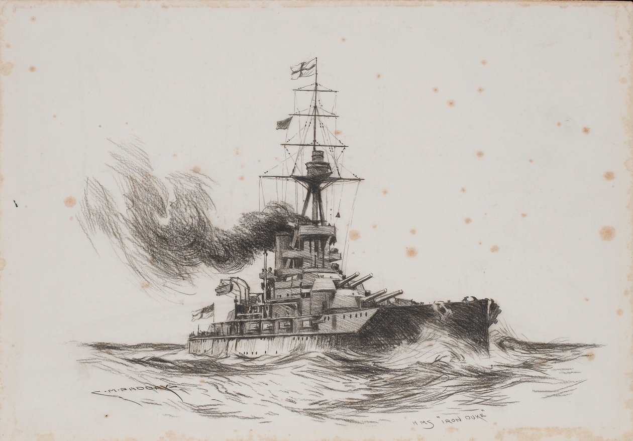 Det britiske skib Iron Duke. Tegning (25,5x36,8 cm) af Charles M. Padday () , begyndelsen af det 20. århundrede. af Charles Murray Padday