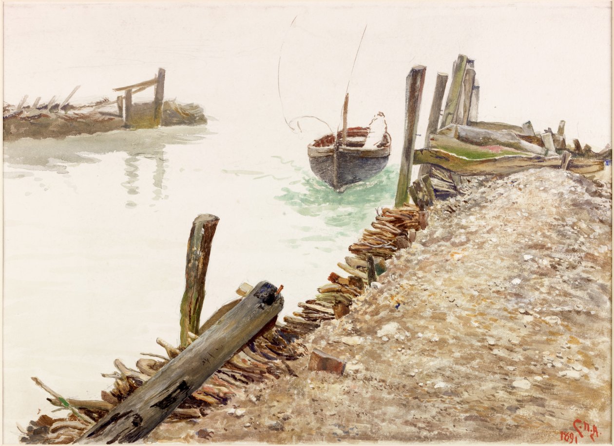 Jolle nærmer sig en mole (bodycolour) af Charles Napier Hemy