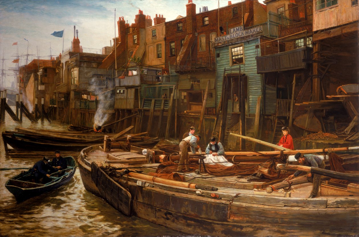 London River - The Limehouse Barge-Builders, 1877 af Charles Napier Hemy