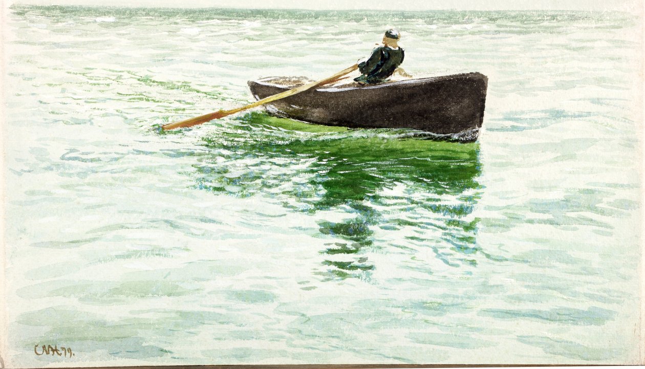 Mand der ror i en jolle (akvarel og akvarel på papir) af Charles Napier Hemy