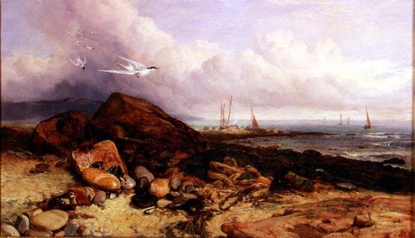 Kystscene med fiskerbåd og terner af Charles Napier Hemy