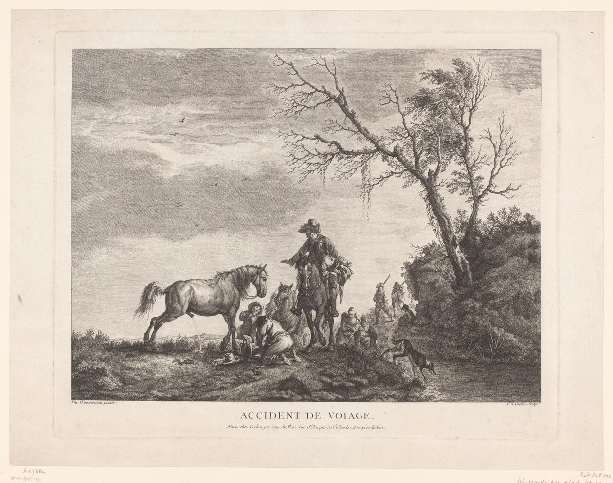 Rejsende under et mellemlanding Ulykke på rejsen. (titel på objekt) af Charles Nicolas Cochin (II)