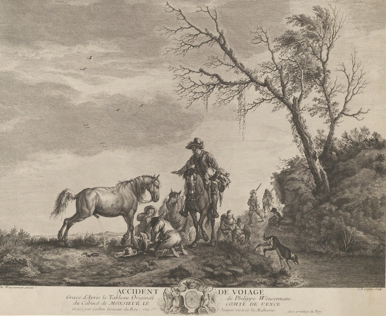 En ulykke under rejsen, en knælende mand, der fikser en knækket sadel, en hest, der pisser ved ..., 1740-50. af Charles Nicolas Cochin