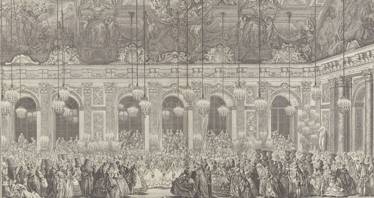 Dekoration til et maskebal i Versailles, i anledning af t..., ca. 1860 genoptryk af 1764 plade. af Charles Nicolas Cochin