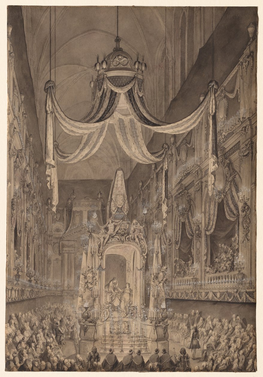 Begravelse for Marie-Thérèse af Spanien, Dauphine af Frankrig, i kirken Nôtre Dame...1746, ca. 1746. af Charles Nicolas Cochin