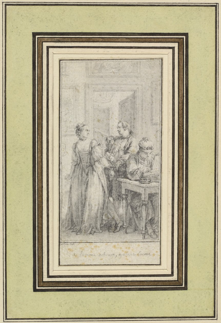 Ottende dag, første historie, Madonna Ambruogia giver sin mand de to hundrede floriner, hun blev givet af Gulfardo som betaling for hendes tjenester af Charles Nicolas Cochin II
