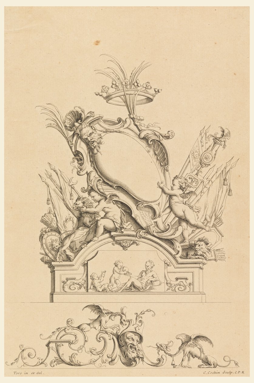 Design til Cartouche with Crown, Two Putti Serving Bacchus og Two Lions fra "Cartouches Nouvellement Inventez" af Charles Nicolas Cochin the younger