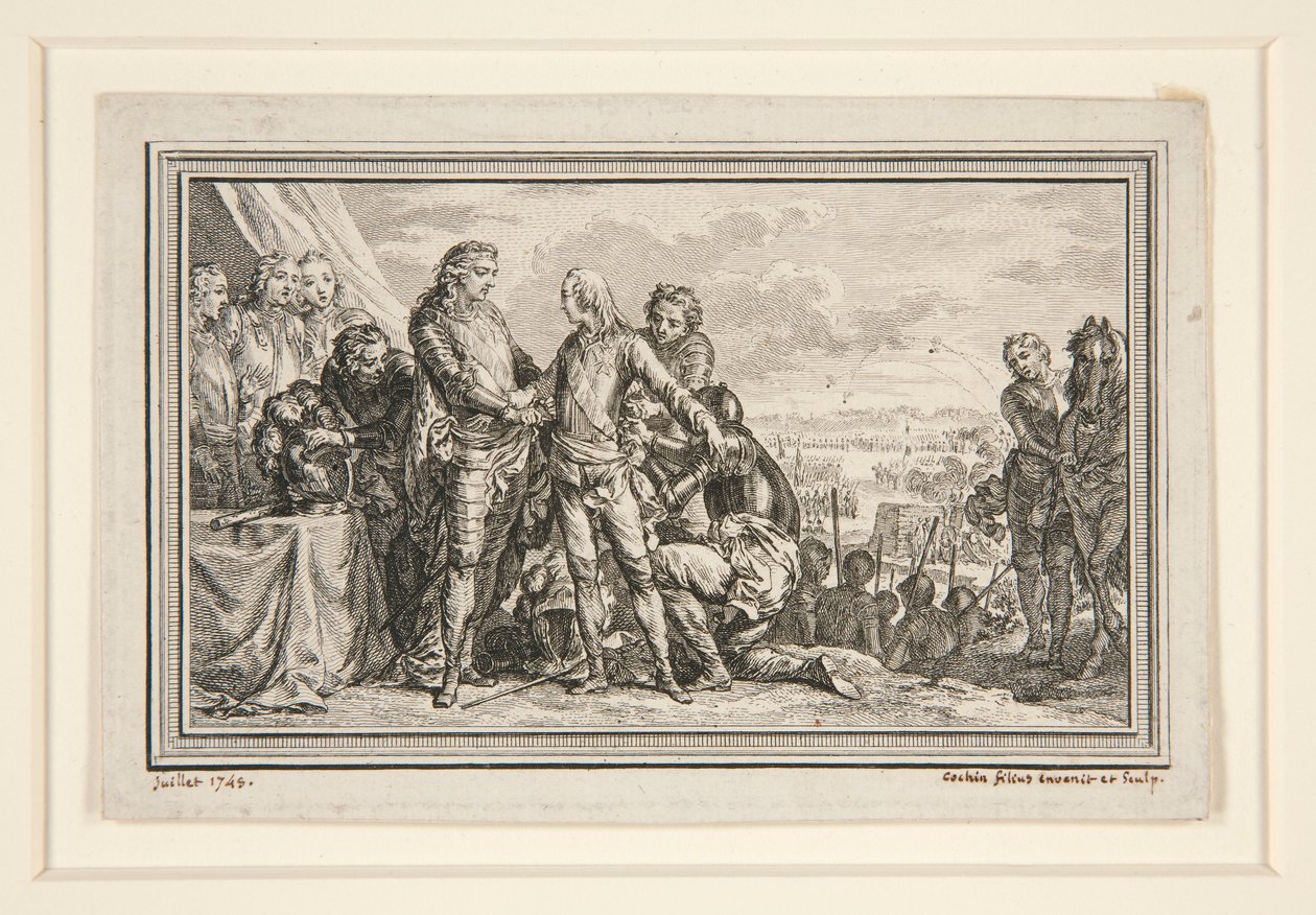Le Roi arme le Dauphin a Fontenoy (Kongen bevæbner Dauphinen ved Fontenoy) af Charles Nicolas Cochin the younger