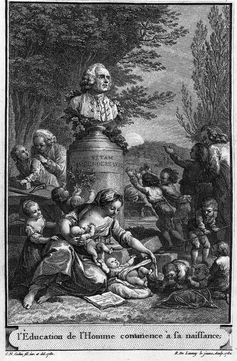Menneskelig uddannelse begynder ved fødslen. Frontispice (1782) af Jean Jacques Rousseau indgraveret af Robert Delaunay den unge (1749-1814) efter en tegning (1780) af Charles Nicolas Cochin den unge (1715-1790) med forfatterens buste. af Charles Nicolas II (after) Cochin