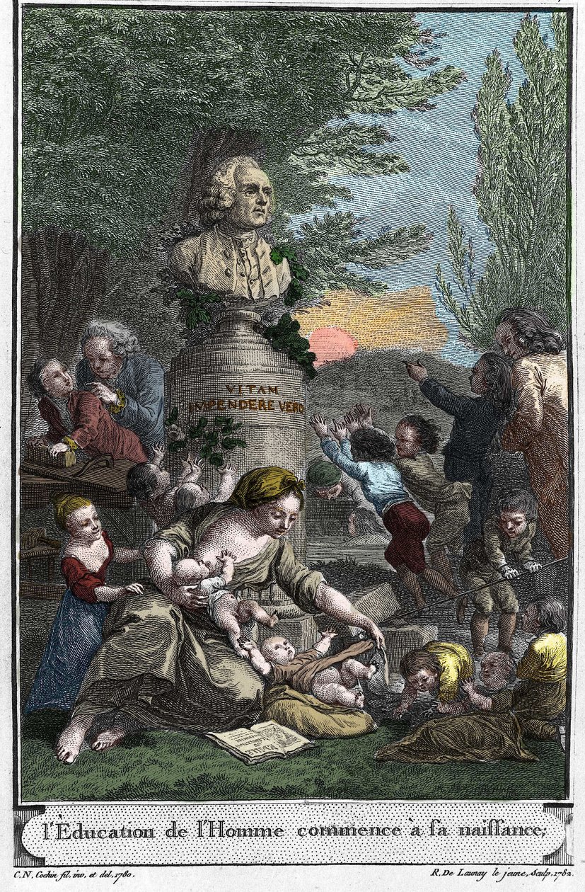 Menneskelig uddannelse begynder ved fødslen. Frontispice (1782) af "" L