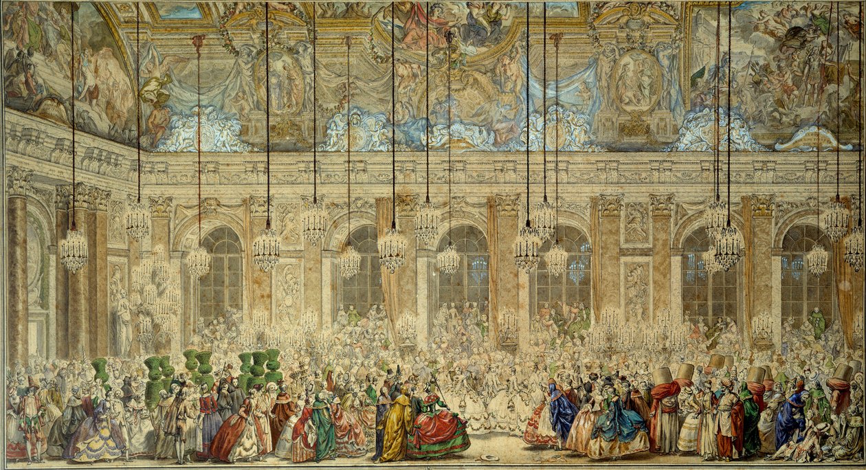 Kuglemaske eller bold af Ifs giver til brylluppet af Louis Dauphin af Frankrig (1729-1765) med Marie Therese (Marie-Therese) fra Spanien i Glace Gallery i Versailles i februar 1745 Tegning med pen og blæk af Charles Nicolas Cochin le Jeune (1715-1790) af Charles Nicolas II Cochin