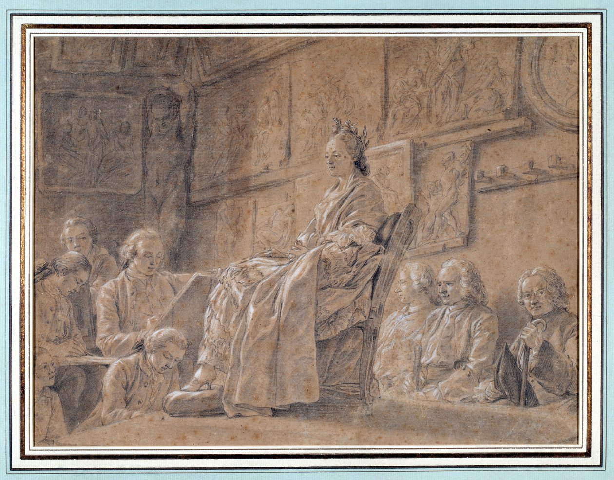 Konkurrence om at tage hovedet af udtryk Forskellige kunstnere i et værksted portrætterer en model siddende på en lænestol. Tegning af Ch. Nicolas Cochin (1715-1790) 1763 Paris. Carnavalet Museum af Charles Nicolas II Cochin