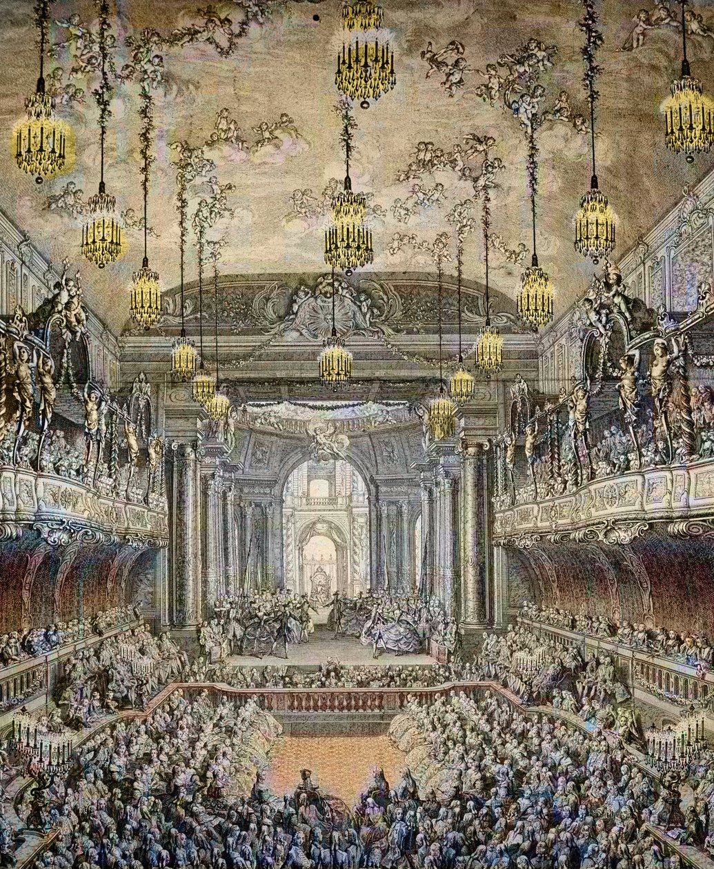 Repræsentation af balletkomedien "La Princesse de Navarre"" i Versailles, i anledning af ægteskabet mellem Louis Dauphin af Frankrig og Marie Therese (Marie-Therese) fra Spanien (1726-1746) i Versailles den 23. februar af Charles Nicolas II Cochin