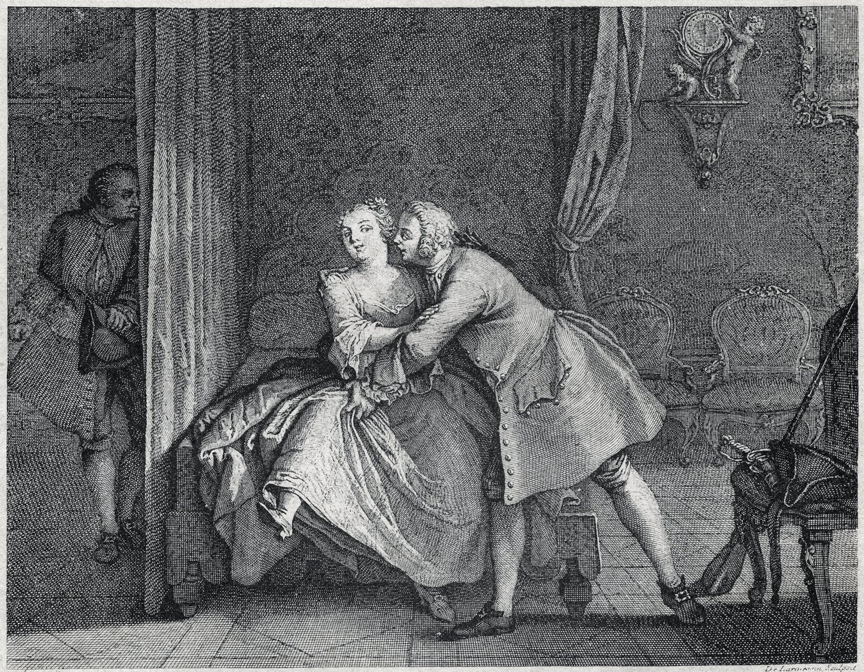 Øremakeren og formreolen illustration til Les contes de La Fontaine, ca. 1743”. gravering af Charles-Nicolas Cochin (1715-1790). af Charles Nicolas II Cochin