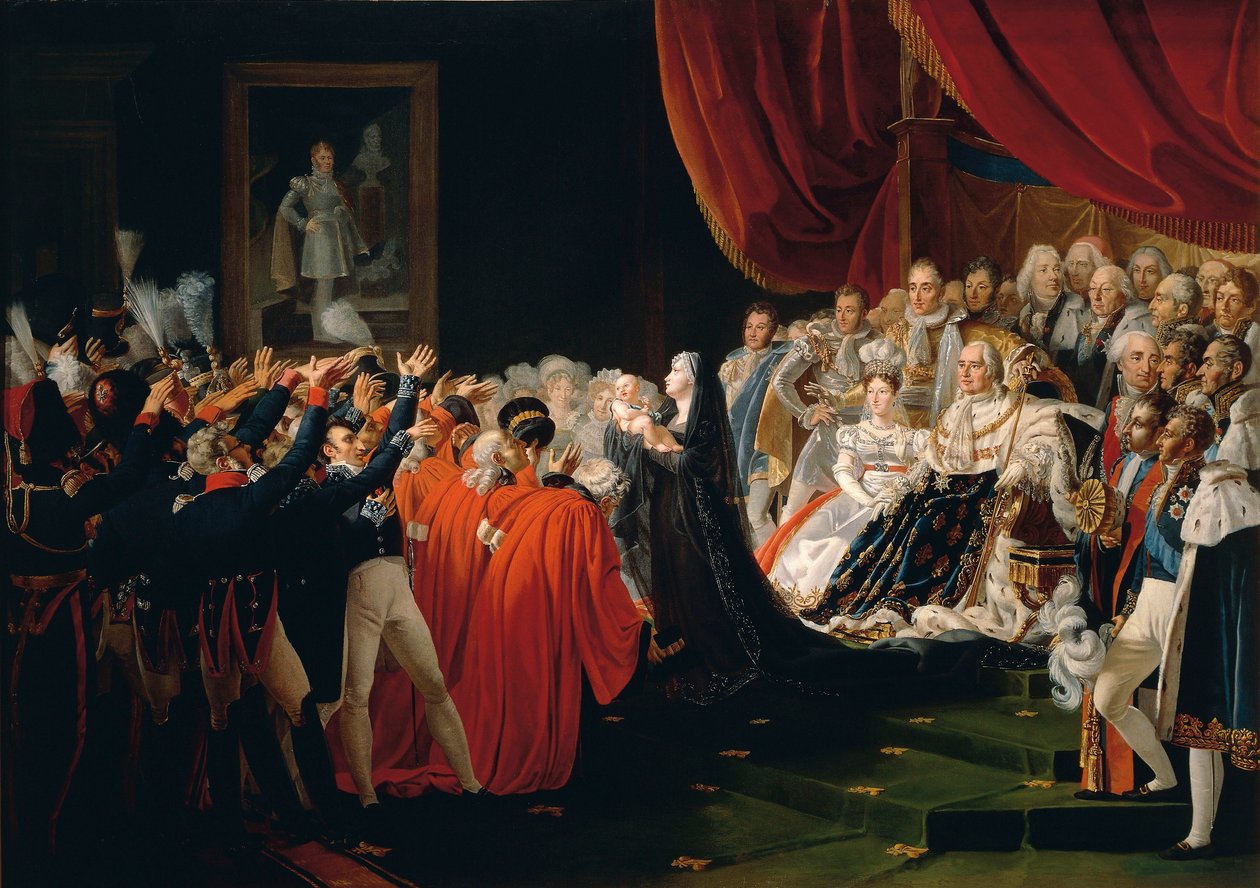 Frankrig, Versailles, Hertuginden af Berry præsenterer hertugen af Bordeaux for tilskuerne af Charles Nicolas Raphael Lafond