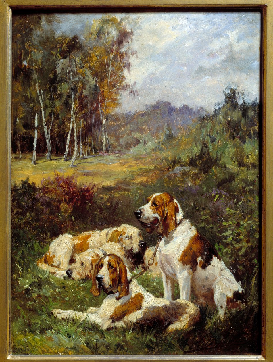 Fire jagthunde. Maleri af Charles Olivier De Penne (1831-1897) af Charles Oliver de Penne