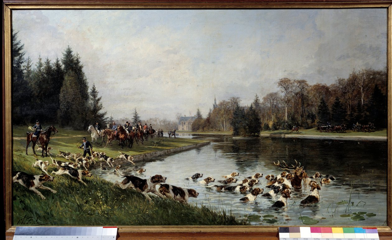 Jagt en race: "" Hjortens hallali ved Sulvie-dammen, jagt på hertugen af Aumale"" Maleri af Charles Olivier de Penne (1831-1897) 1880 Søn. 0,77x1,33 m Chantilly, musee Conde - Jagt på jagthunde: Halloer af hjorten ved Sulvies dam, jagt på af Charles Oliver de Penne