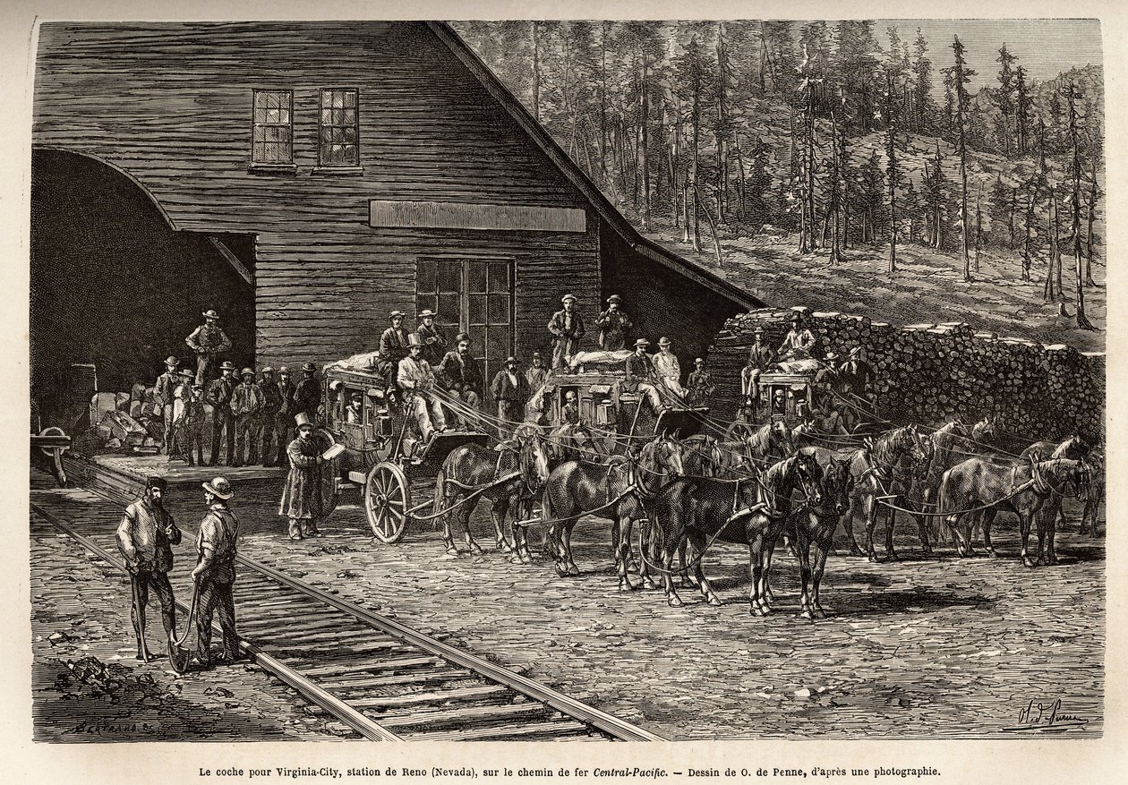 Reno-stationen, for at tage krydset til Virginia City (Nevada), på Central Pacific Railway (Central Pacific), indgraveret efter tegningen af O. de Penne, der illustrerer rejsen fra Washington til San Francisco, i 1868, af L. Simonin, udgivet i "Le t af Charles Oliver de Penne