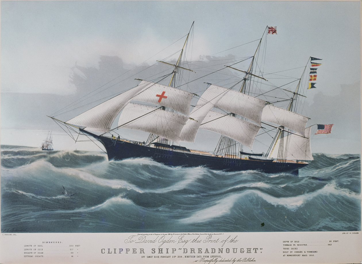 Det amerikanske clipper-skib "Dreadnought", litografi af Nathaniel Currier (1813-88) af Charles Parsons