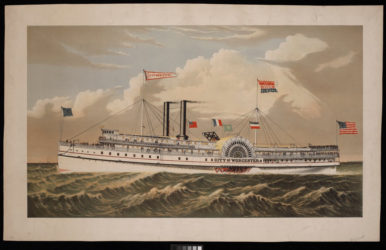 Amerikansk hjuldamper City of Worcester Norwich Line til Boston via New London og Norwich (litografi, farvelagt) af Charles Parsons