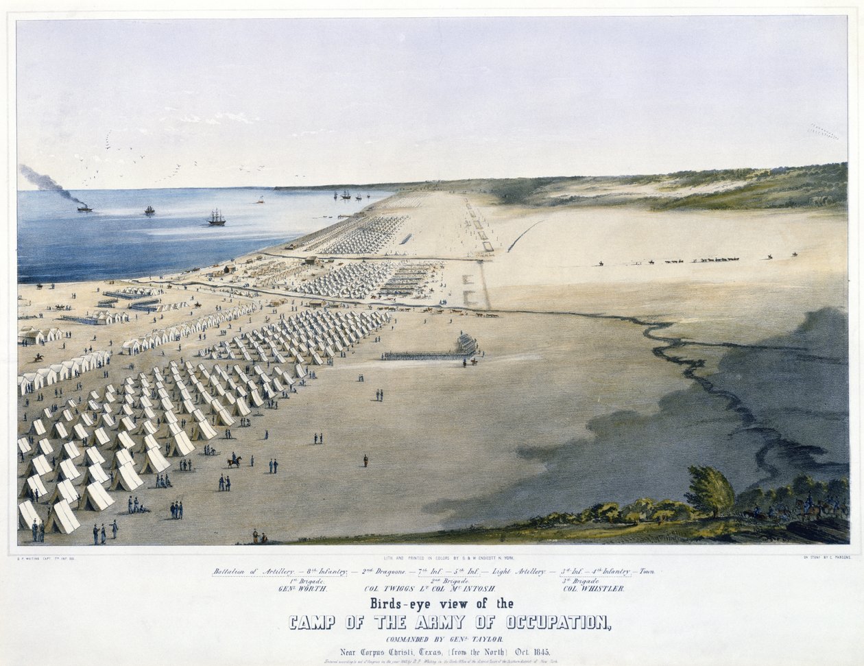 Fugleperspektiv af Besættelseshærens Lejr, kommanderet af Genl. Taylor. I nærheden af Corpus Christi, Texas, [fra nord] okt. 1845. af Charles Parsons