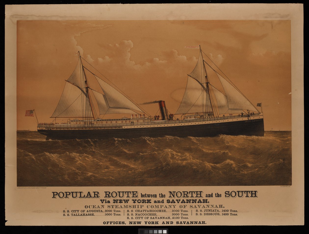 Populær rute mellem nord og syd via New York og Savannah, Ocean Steamship Company of Savannah... City of Augusta... (litografi, farvelagt) af Charles Parsons