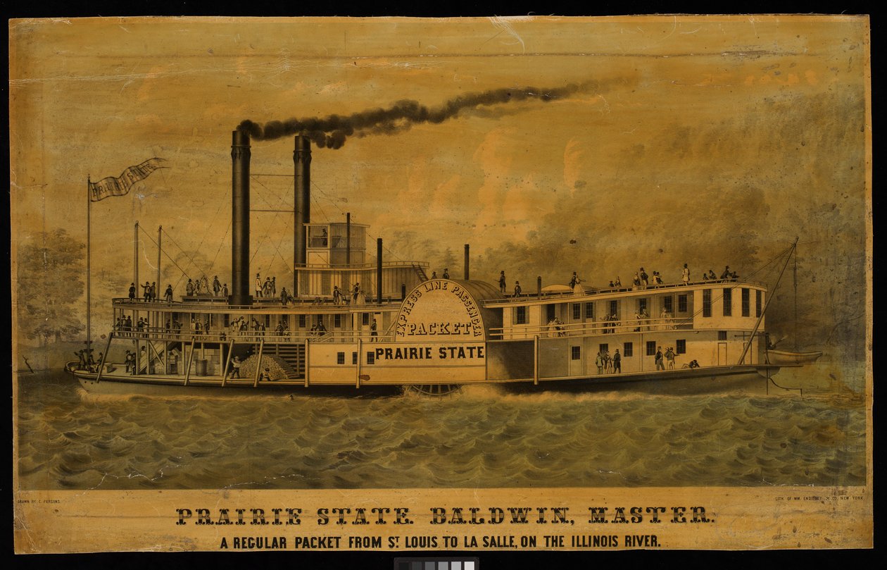 Prærie-staten. Baldwin, mester. A regular packet from St Louis to La Salle, on the Illinois River (litografi, farvelagt) af Charles Parsons