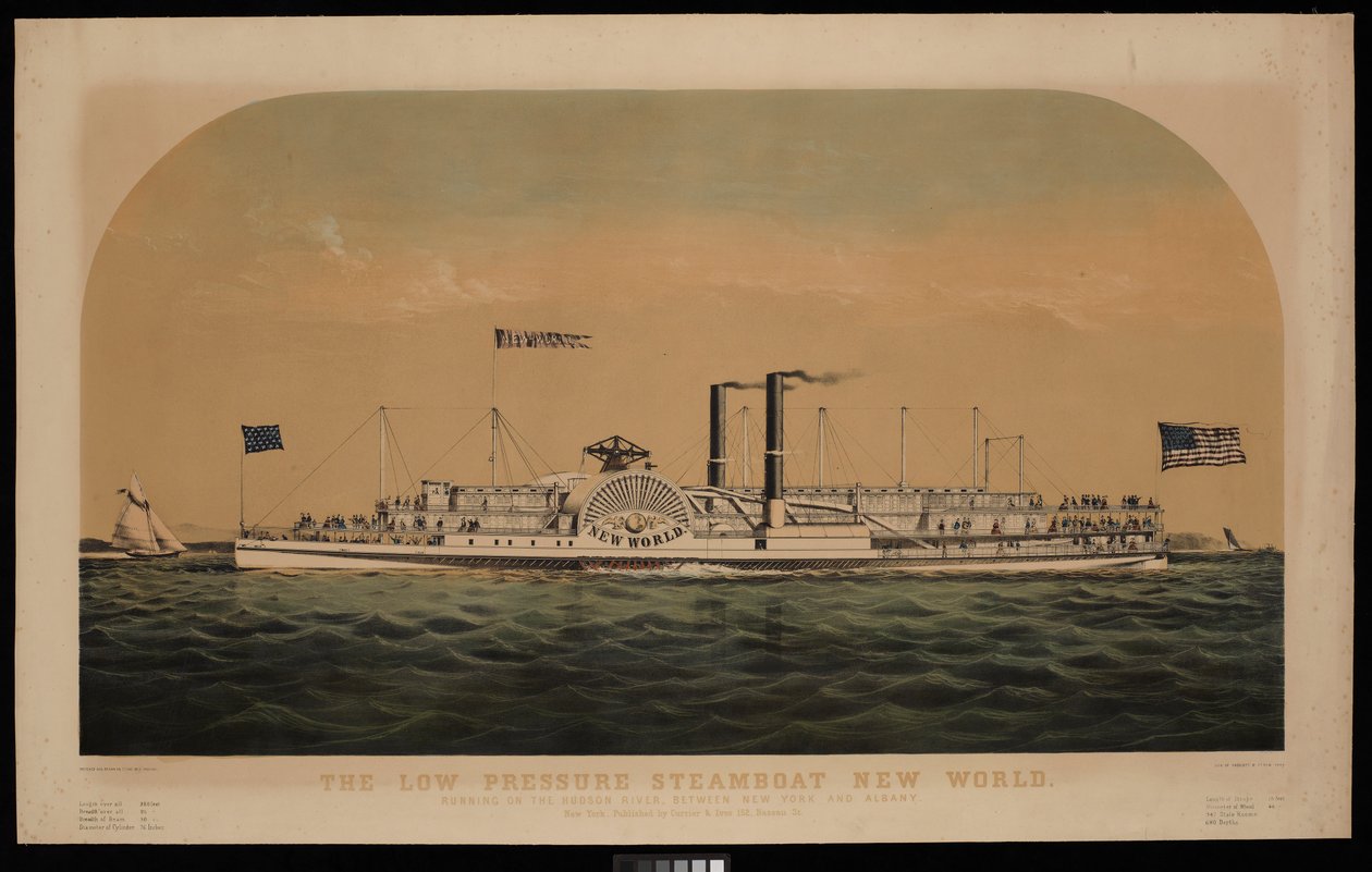 Lavtryksdampskibet New World. Kører på Hudson River mellem New York og Albany (litografi, farvelagt) af Charles Parsons