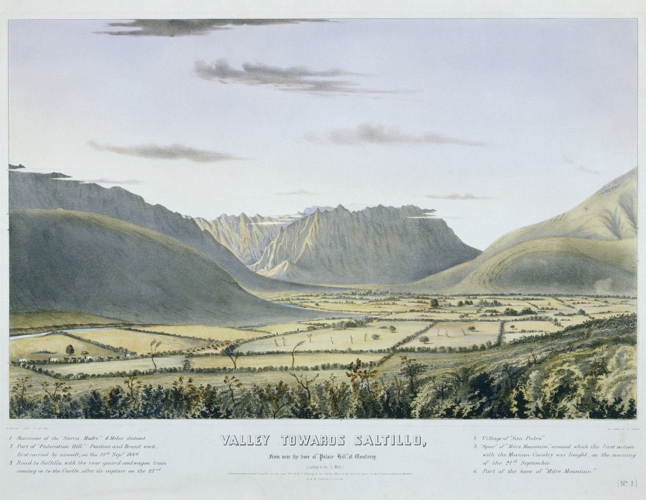 Dal mod Saltillo, fra nær bunden af "Palace Hill" ved Monterey. [Ser mod S. Vest.]... [Nej. 3.] [med den amerikanske hærs bagvagt og vogntog, der kommer ind i slottet efter dets kapitulation]. af Charles Parsons
