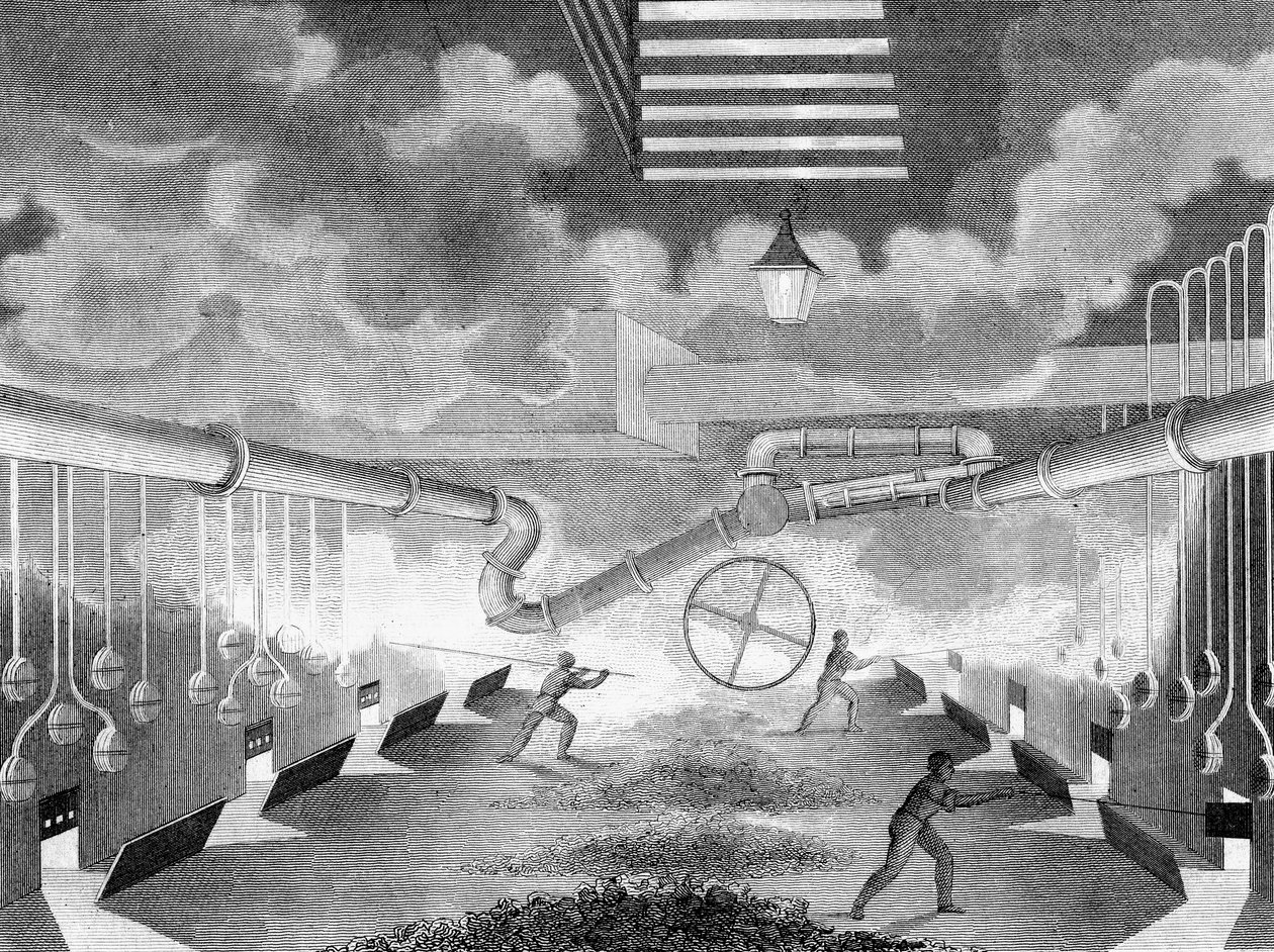 Generel visning af et gasværk, der viser retorter under opladning, 1835 af Charles Partington