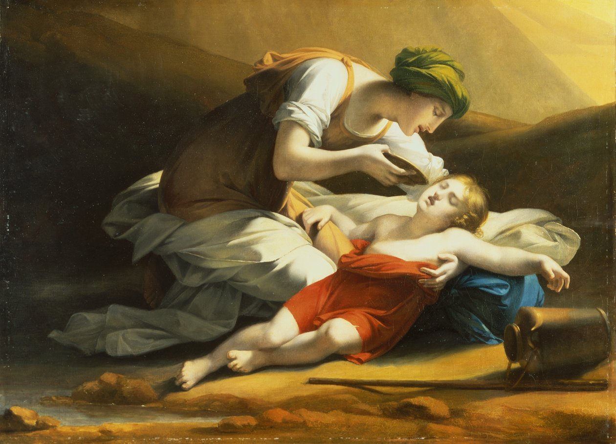 Hagar giver Ishmael vand fra den mirakuløse brønd i ørkenen (olie på lærred) af Charles Paul Landon