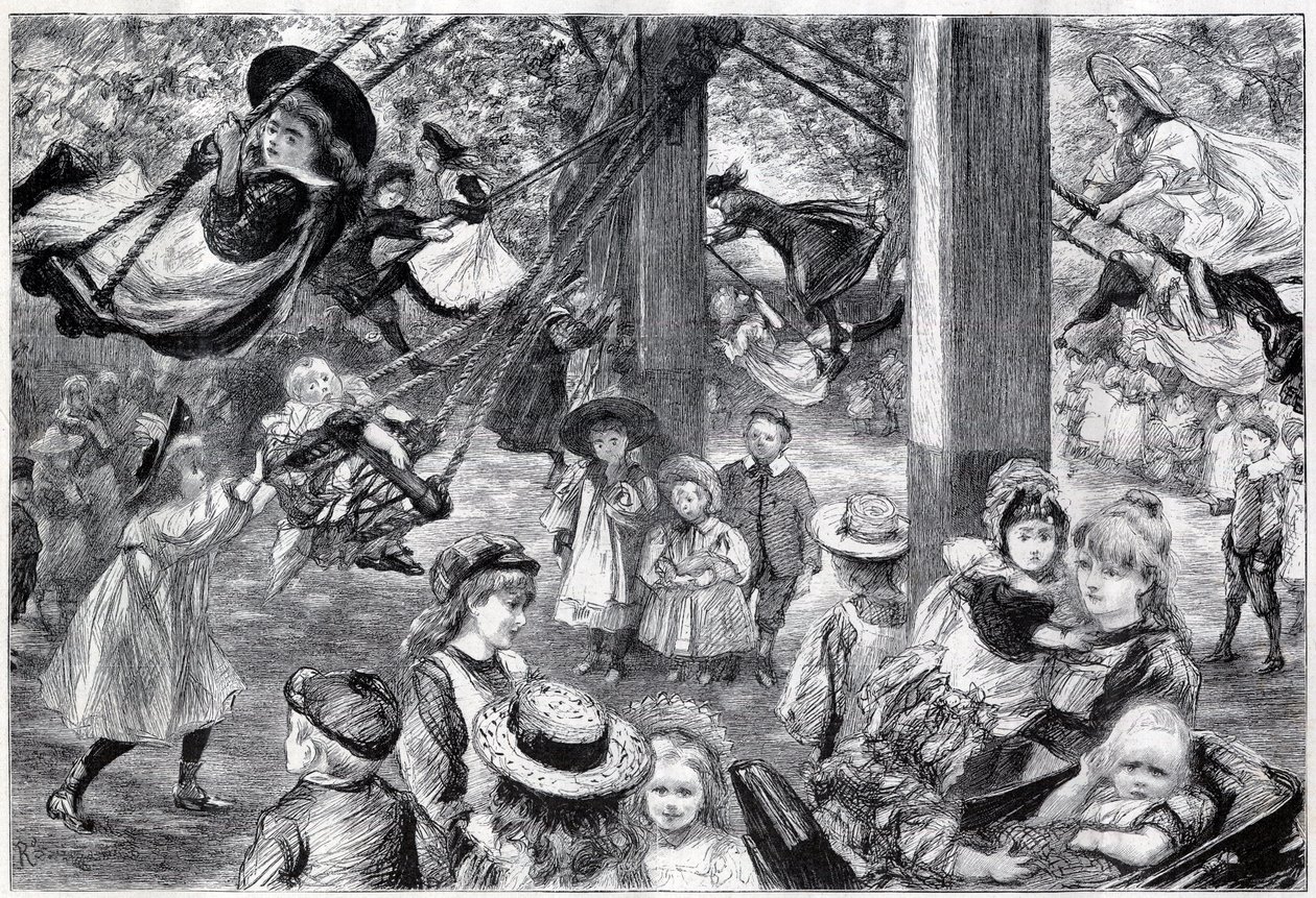 En udendørs børnegymnastiksal i Battersea Park, London - 1898 - tegnet fra livet af Paul Renouard af Charles Paul Renouard