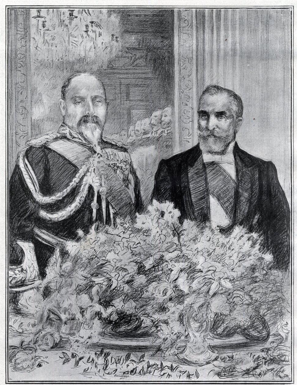 Hjertelig: den franske præsident Emile Loubets besøg i London - banketten på den franske ambassade - kong Edward VII og Loubet - tegnet af Paul Renouard for avisen The Graphic. juli 1903. af Charles Paul Renouard