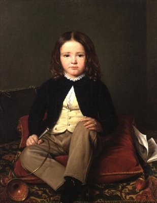 Portræt af en dreng siddende på en pude med et horn af Charles Paulin Francois Matet